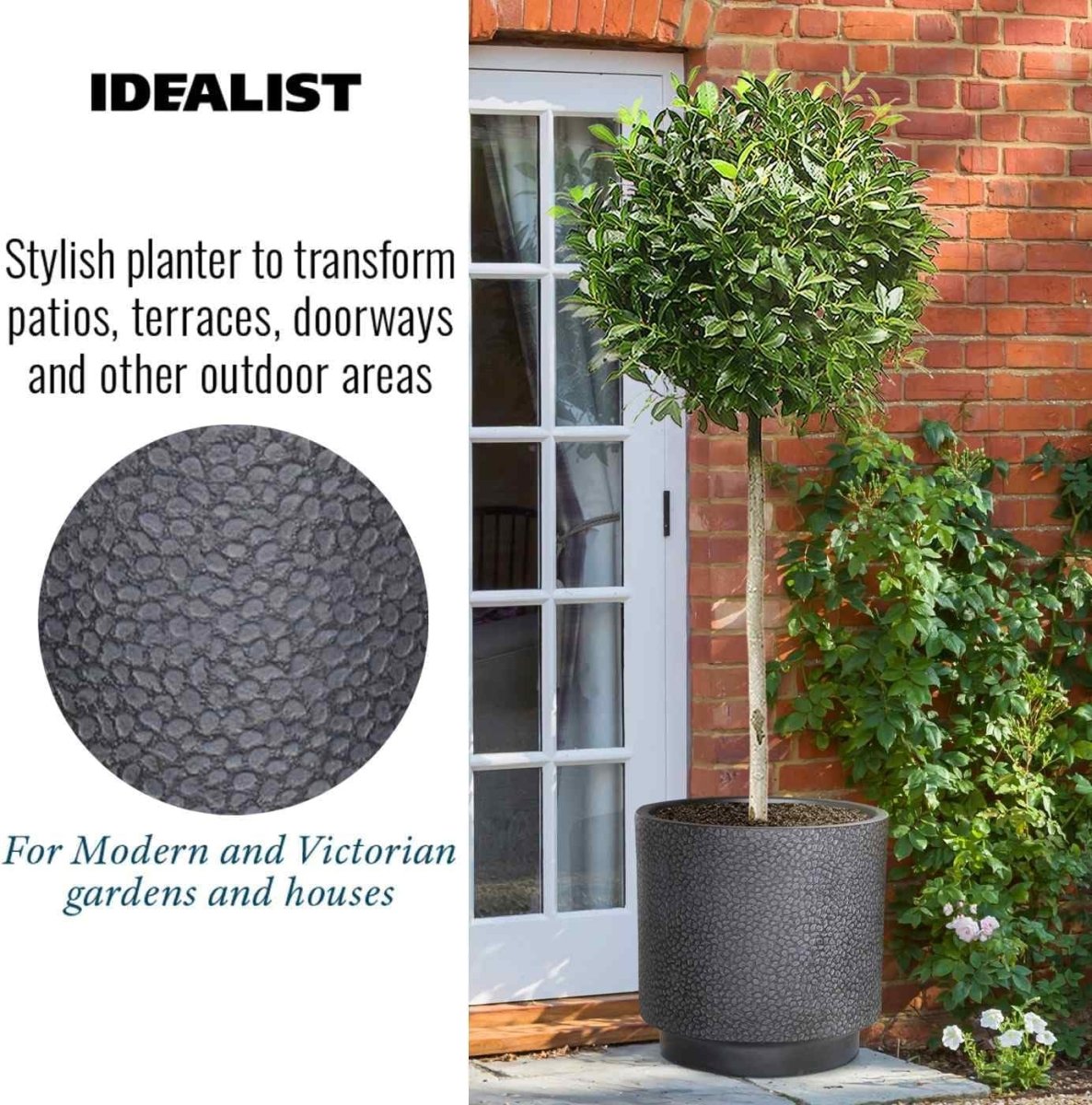 45cm Round Planter Black Stone Effect Large Outdoor Plant Pot - Kwikley