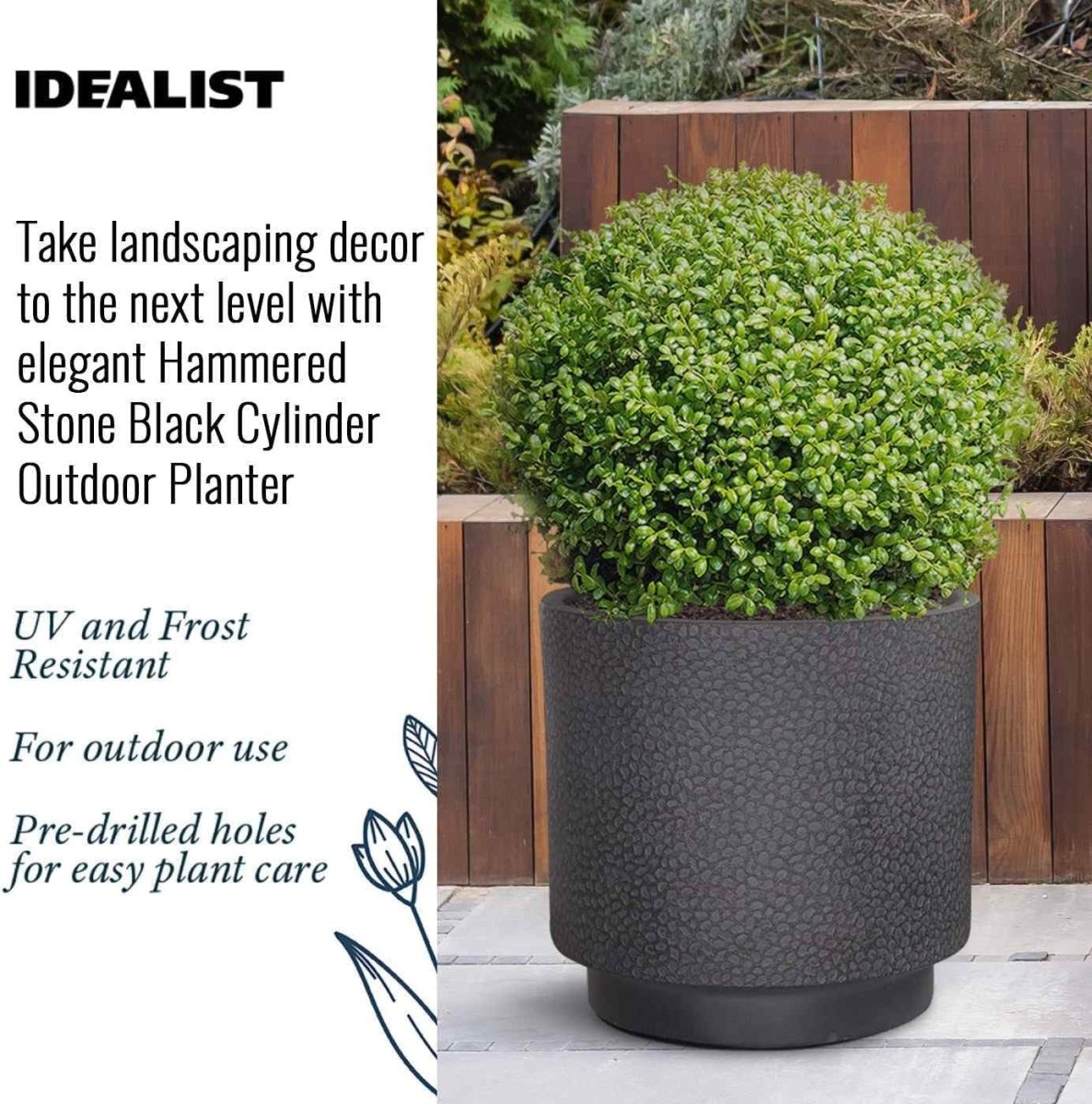 45cm Round Planter Black Stone Effect Large Outdoor Plant Pot - Kwikley