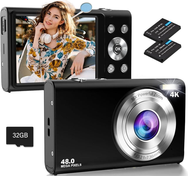 4K 48MP Digital Camera Autofocus Compact Camera 32GB 16X Zoom Black