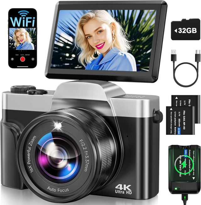 4K 64MP Digital Camera WiFi Vlogging Flip Screen Zoom SD Card 2 Batteries
