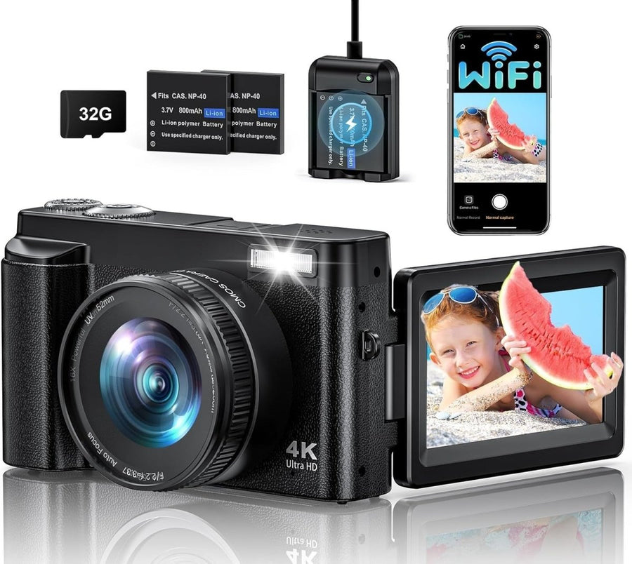 4K 64MP WiFi Vlogging Camera Flip Screen Zoom Camera w 2 Batteries - Kwikley