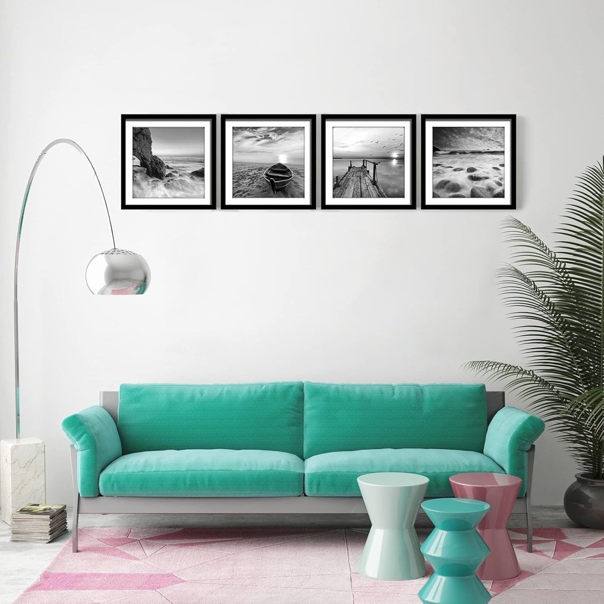 4‑Panel Seascape Beach & Boat Canvas Wall Art – Framed Ready to Hang - Kwikley