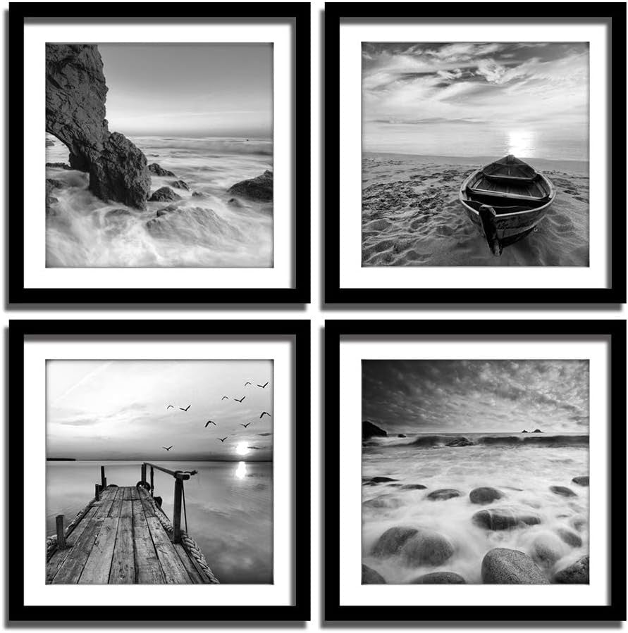 4‑Panel Seascape Beach & Boat Canvas Wall Art – Framed Ready to Hang - Kwikley
