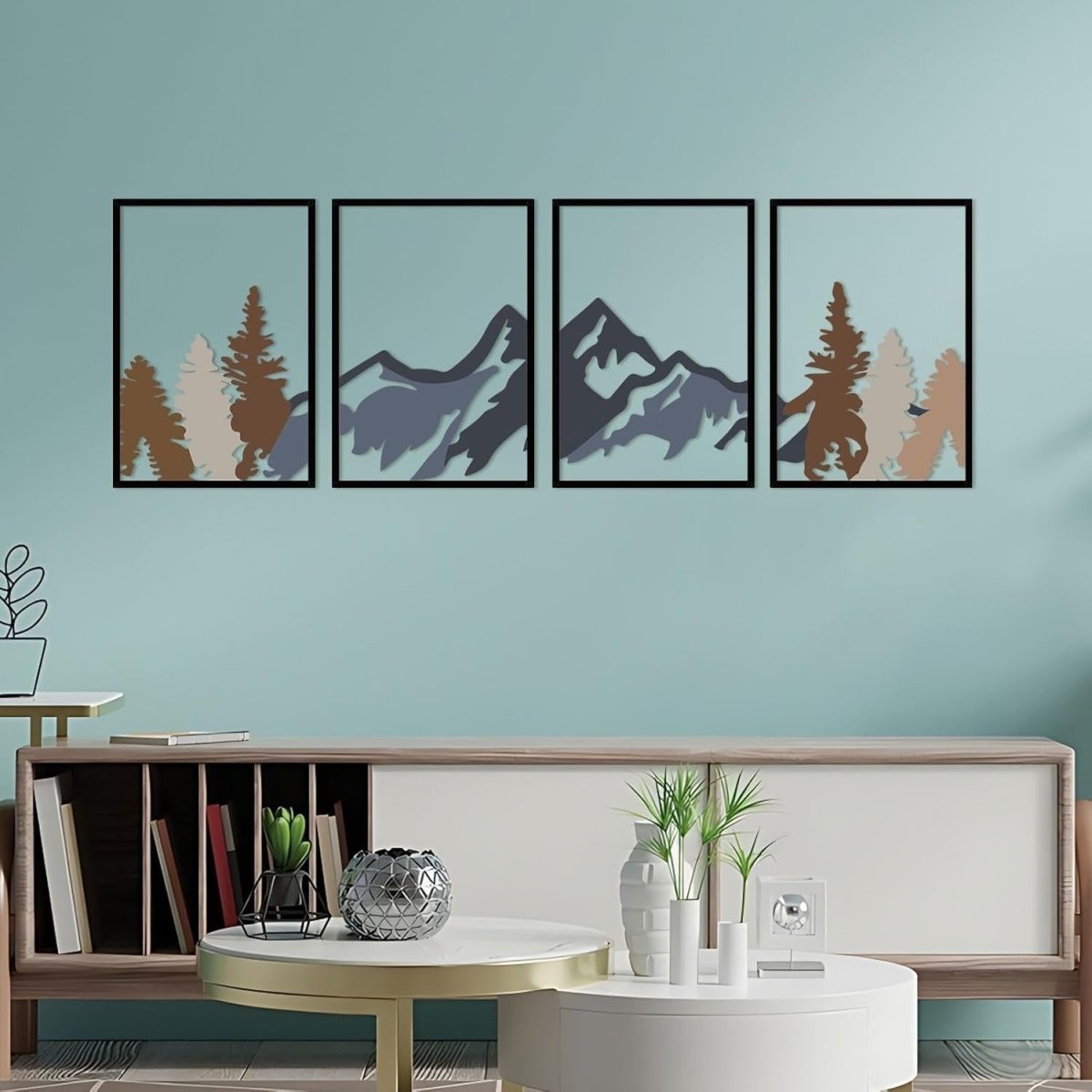 4Pc Metal Mountain Forest Wall Art Rustic Nature Decor Black - Kwikley