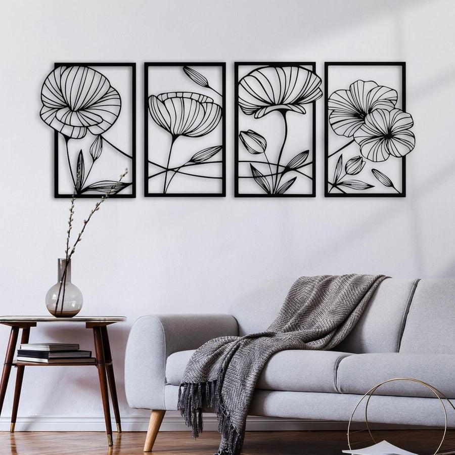 4PCS Metal Lotus Wall Art Black Minimalist Floral Decor - Kwikley