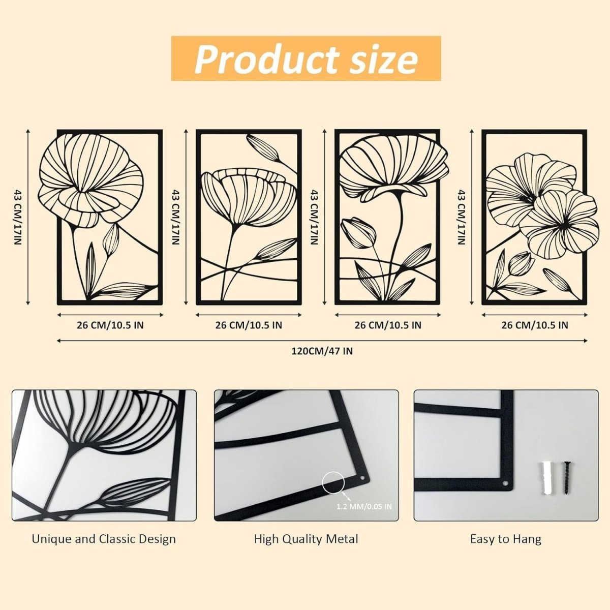 4PCS Metal Lotus Wall Art Black Minimalist Floral Decor - Kwikley