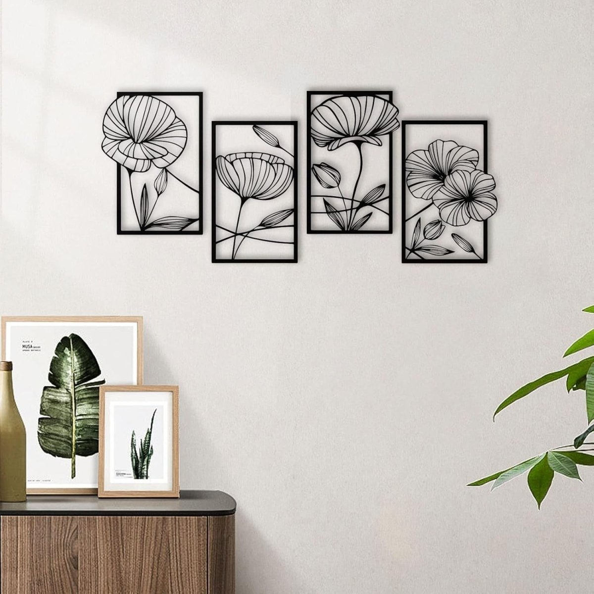 4PCS Metal Lotus Wall Art Black Minimalist Floral Decor - Kwikley