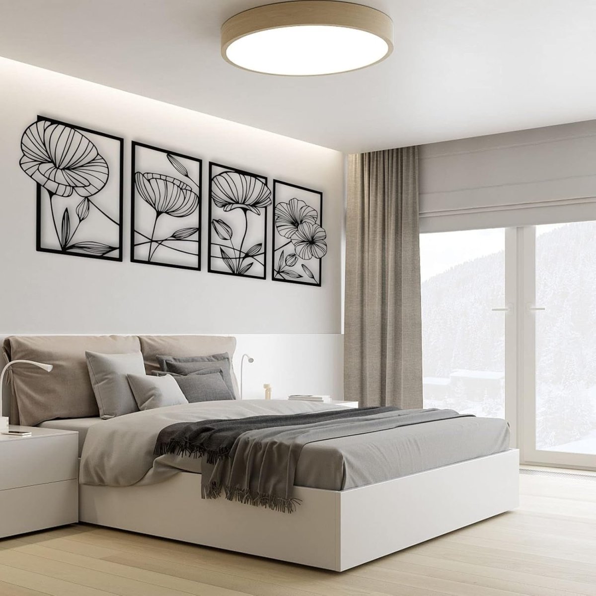 4PCS Metal Lotus Wall Art Black Minimalist Floral Decor - Kwikley