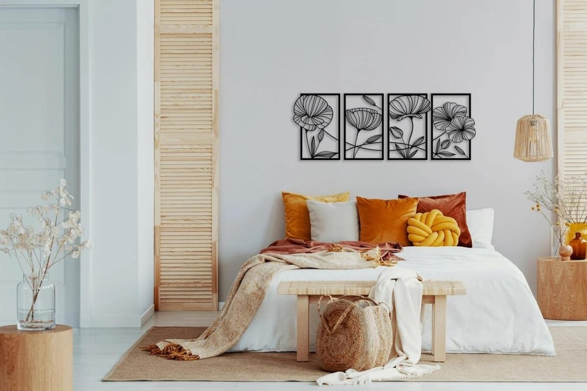4PCS Metal Lotus Wall Art Black Minimalist Floral Decor - Kwikley