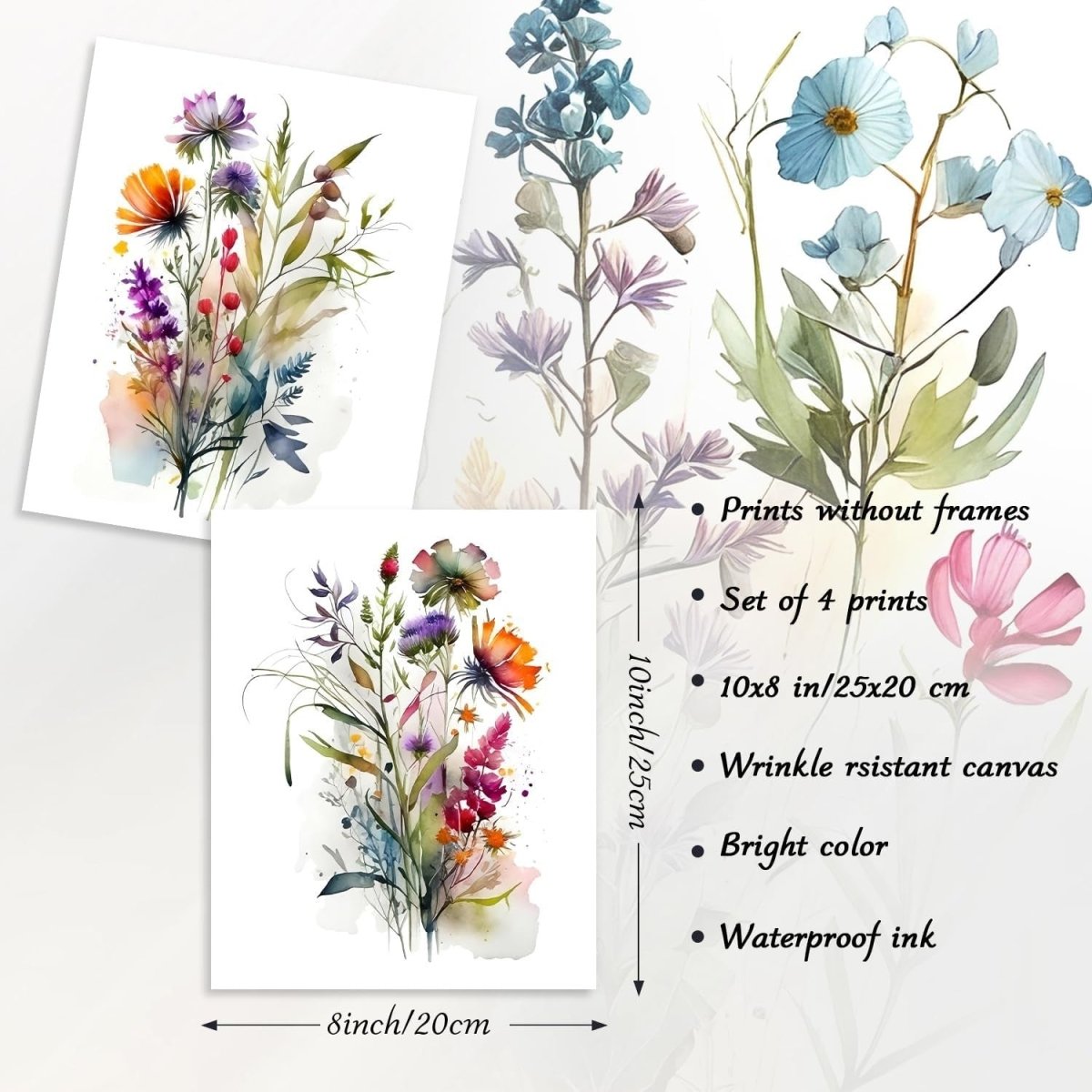 4pcs Watercolour Floral Canvas Wall Art 8x10 Unframed - Kwikley