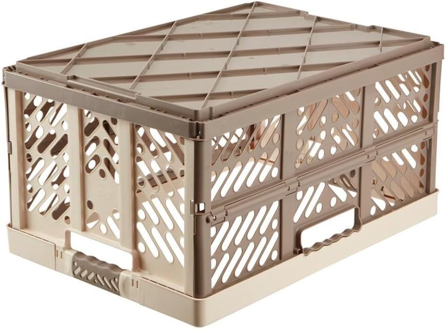 4x 45L Folding Storage Crates 54x37x28cm Heavy Duty Beige - Kwikley