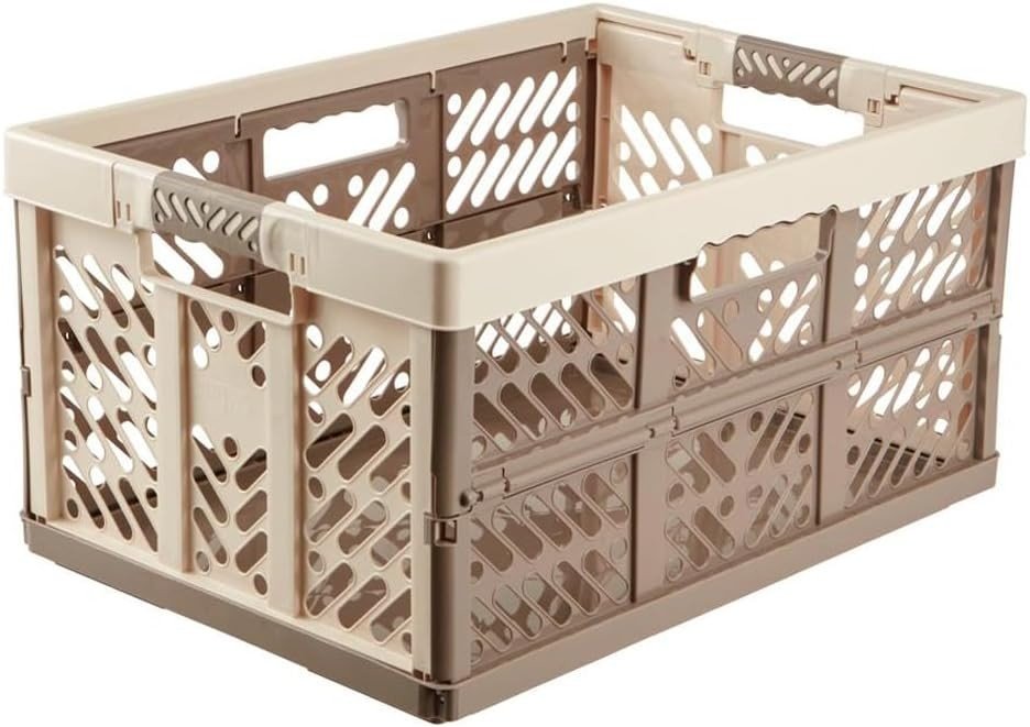 4x 45L Folding Storage Crates 54x37x28cm Heavy Duty Beige - Kwikley