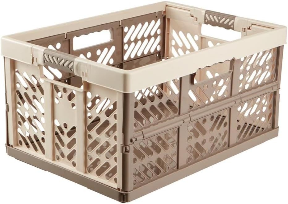 4x 45L Folding Storage Crates 54x37x28cm Heavy Duty Beige - Kwikley