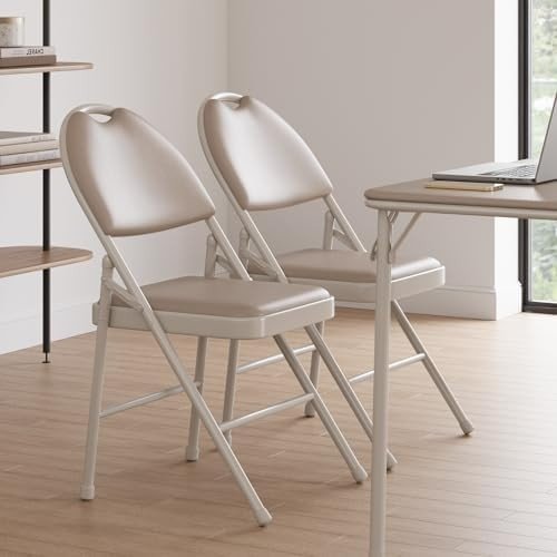 4x Padded Folding Chairs PU Leather Metal Frame 160kg Beige - Kwikley