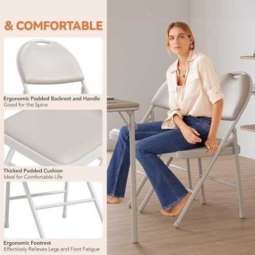 4x Padded Folding Chairs PU Leather Metal Frame 160kg Beige - Kwikley