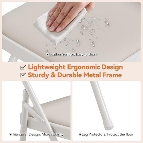 4x Padded Folding Chairs PU Leather Metal Frame 160kg Beige - Kwikley