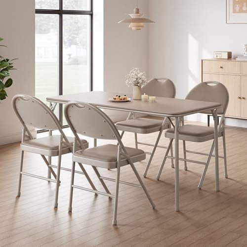 4x Padded Folding Chairs PU Leather Metal Frame 160kg Beige - Kwikley