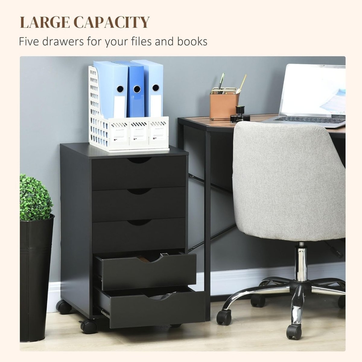 5 Drawer Mobile Filing Cabinet Under Desk Office Storage with Wheels Black - Kwikley