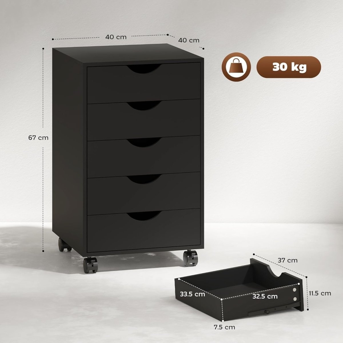 5 Drawer Mobile Filing Cabinet Under Desk Office Storage with Wheels Black - Kwikley