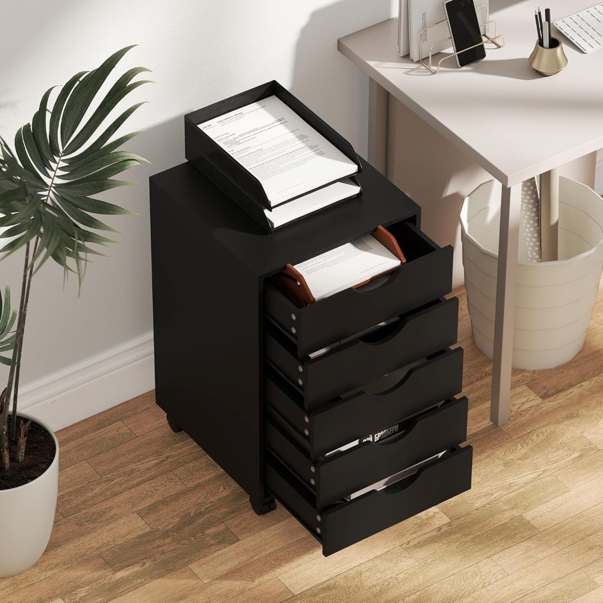 5 Drawer Mobile Filing Cabinet Under Desk Office Storage with Wheels Black - Kwikley