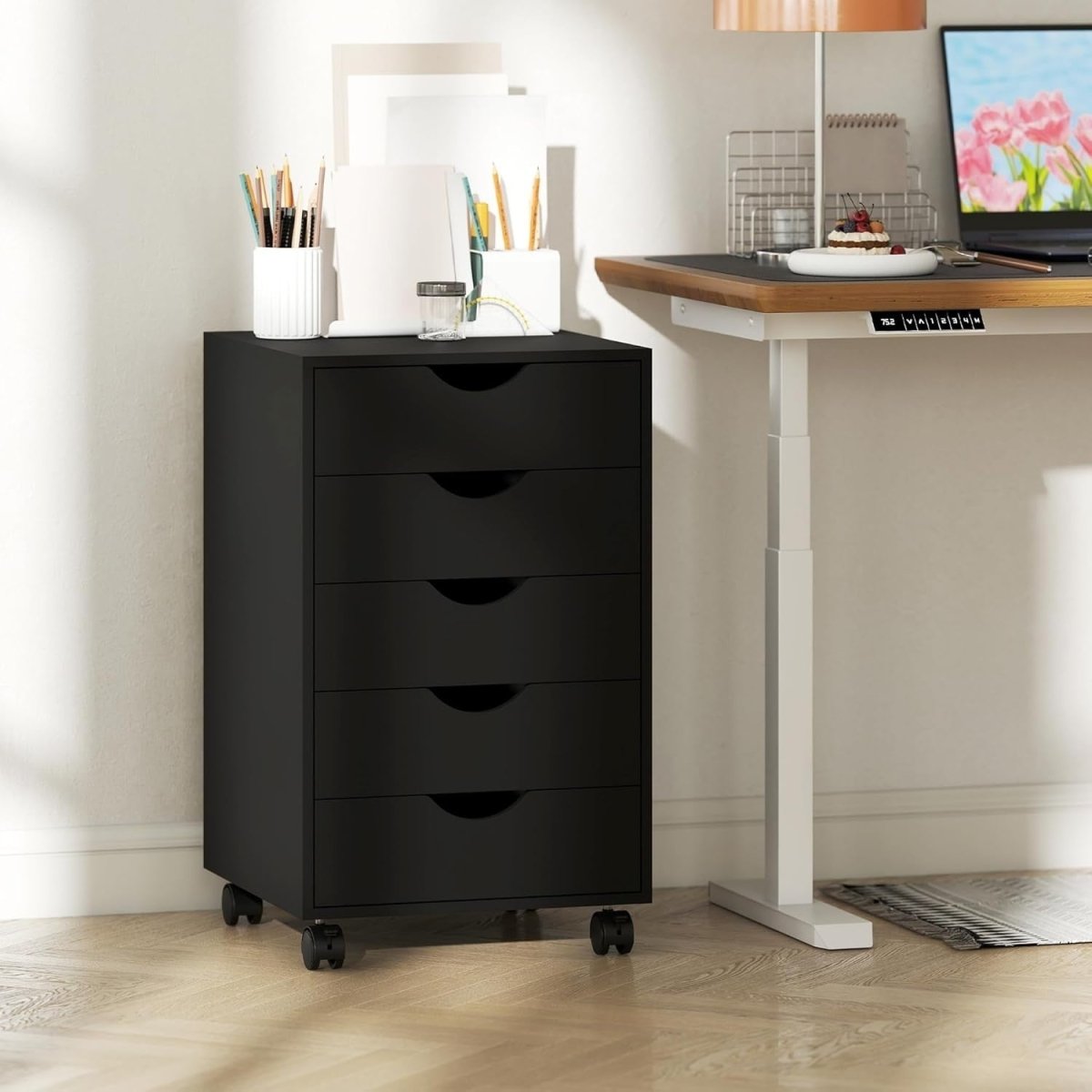 5 Drawer Mobile Filing Cabinet Under Desk Office Storage with Wheels Black - Kwikley