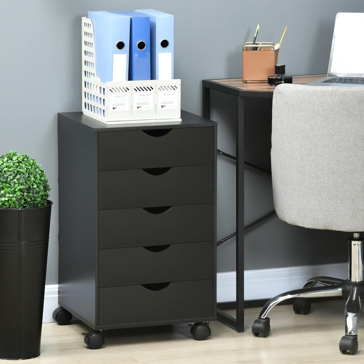 5 Drawer Mobile Filing Cabinet Under Desk Office Storage with Wheels Black - Kwikley