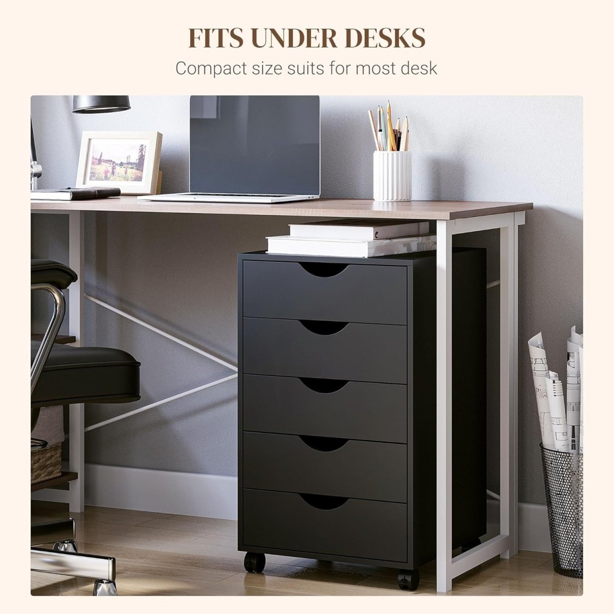 5 Drawer Mobile Filing Cabinet Under Desk Office Storage with Wheels Black - Kwikley