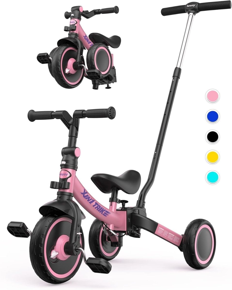 5 In 1 Toddler Tricycle Push Handle Foldable Balance Bike Pink 1-5Y - Kwikley
