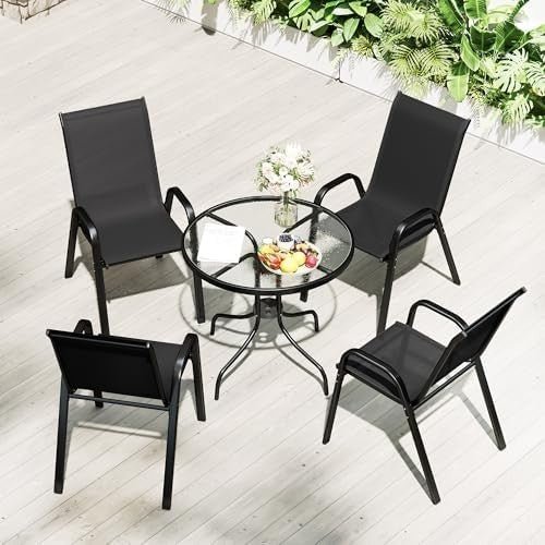 5 Piece Garden Dining Set Outdoor Table & Chairs with Parasol Hole - Kwikley
