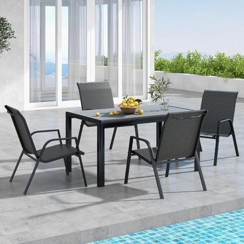 5 - Piece Patio Rattan Dining Set Outdoor Garden Table & Stackable Chairs - Kwikley