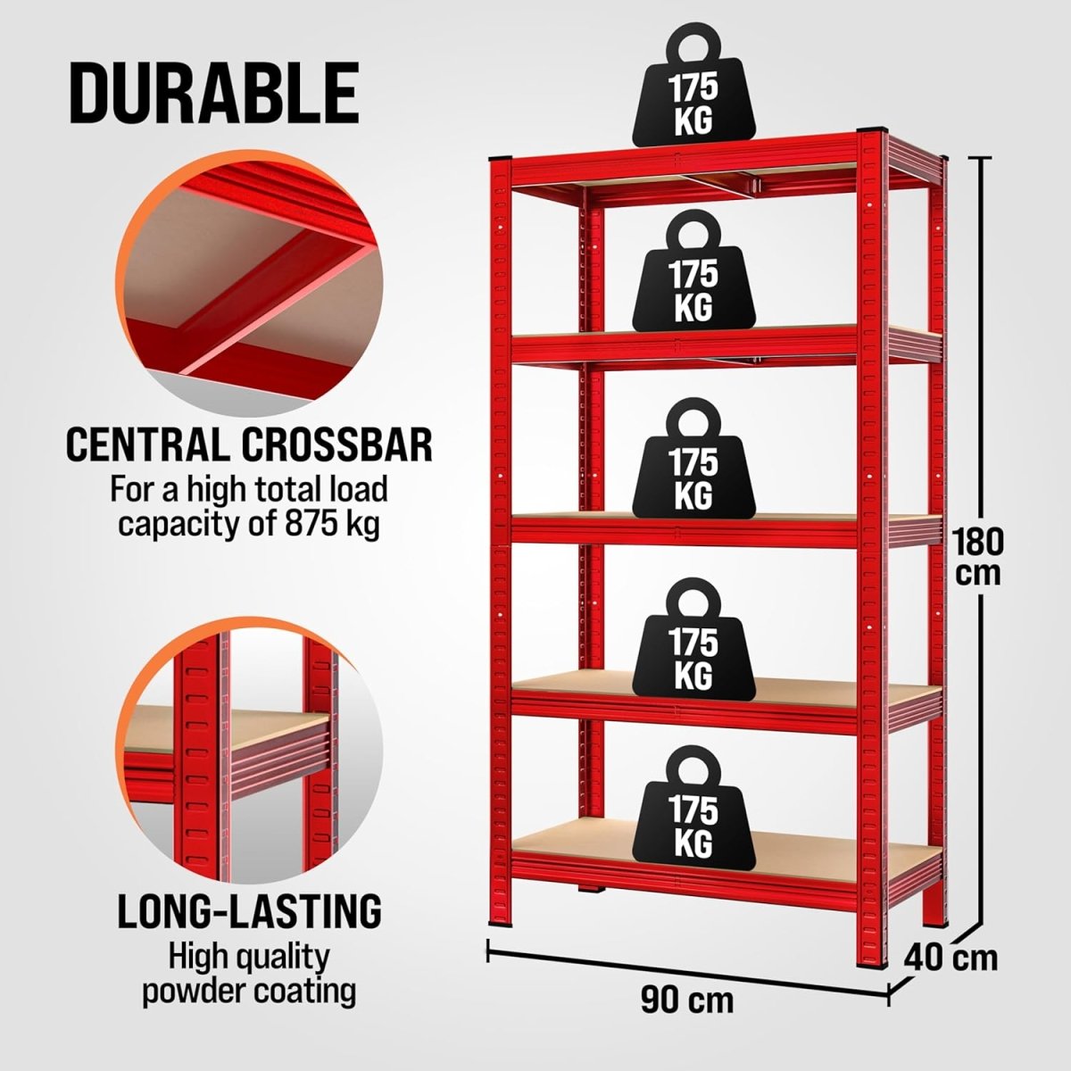 5 Tier Garage Shelving Unit 180x90x40cm Heavy Duty Metal Rack - Kwikley