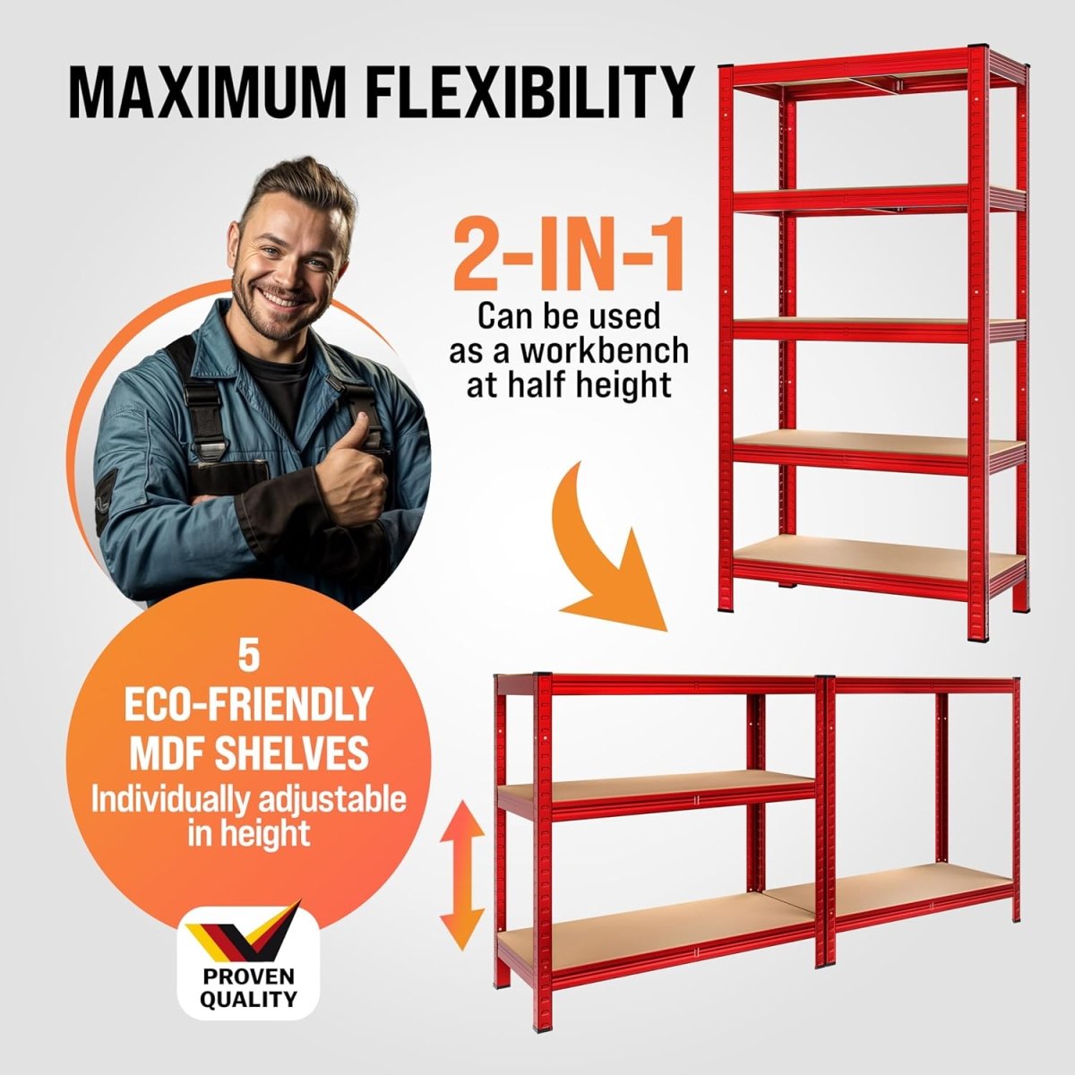 5 Tier Garage Shelving Unit 180x90x40cm Heavy Duty Metal Rack - Kwikley