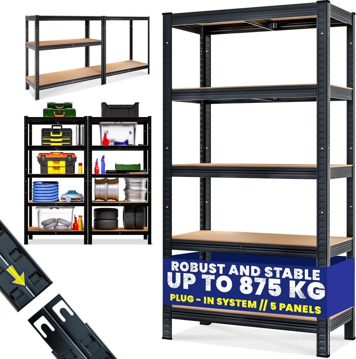 5 Tier Garage Shelving Unit 180x90x40cm Heavy Duty Metal Rack Black - Kwikley