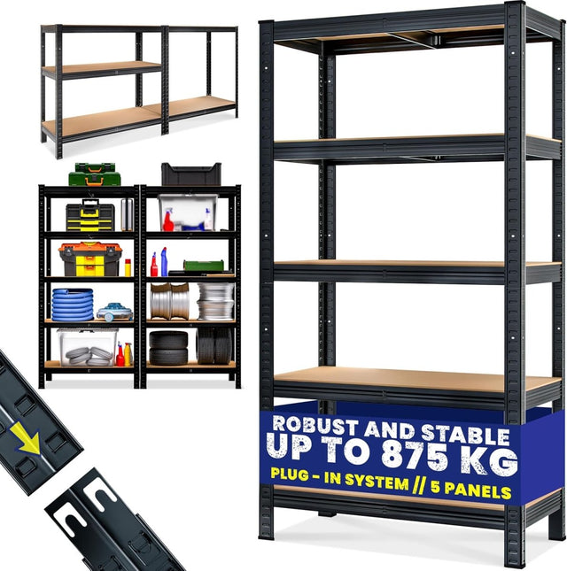 5 Tier Garage Shelving Unit 180x90x40cm Heavy Duty Metal Rack Black
