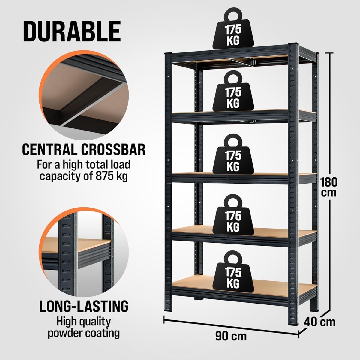 5 Tier Garage Shelving Unit 180x90x40cm Heavy Duty Metal Rack Black - Kwikley