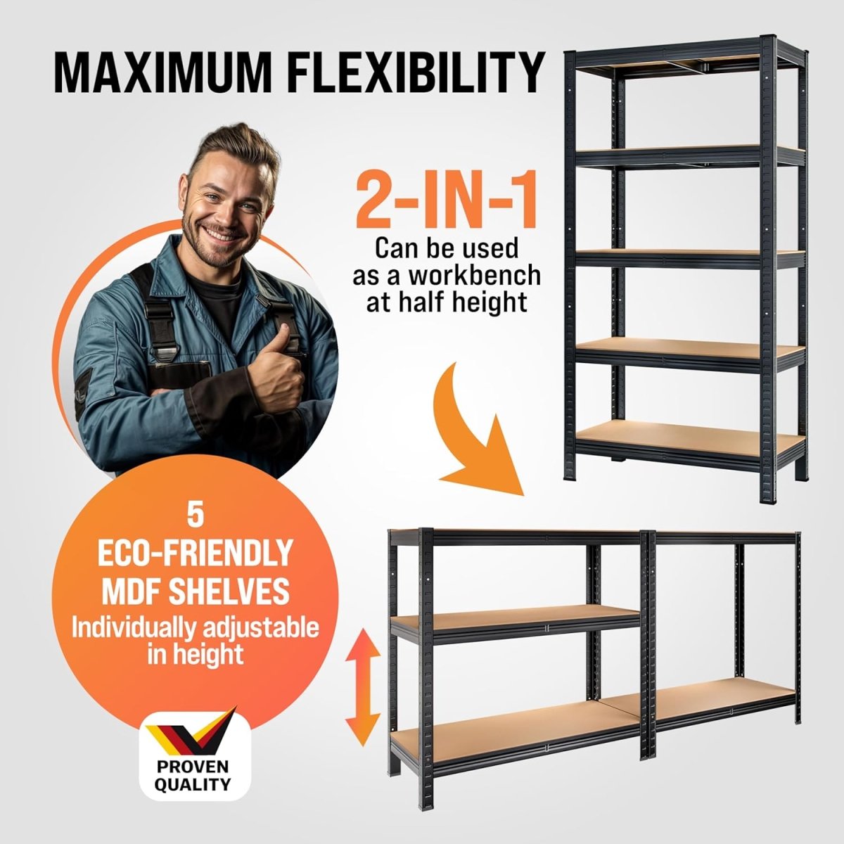 5 Tier Garage Shelving Unit 180x90x40cm Heavy Duty Metal Rack Black - Kwikley