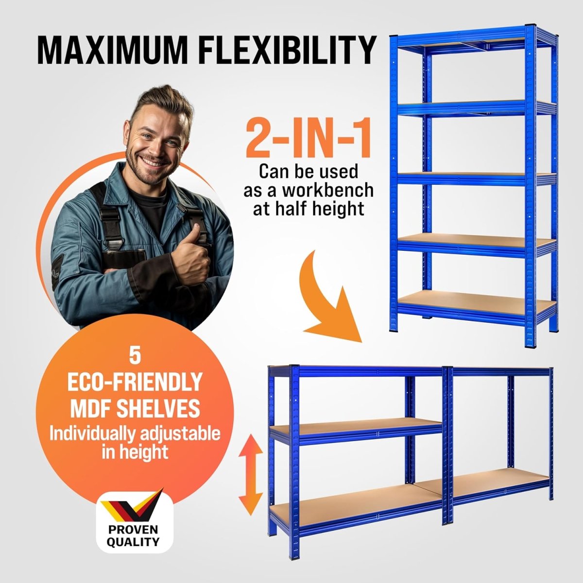 5 Tier Garage Shelving Unit 180x90x40cm Heavy Duty Metal Rack Blue - Kwikley