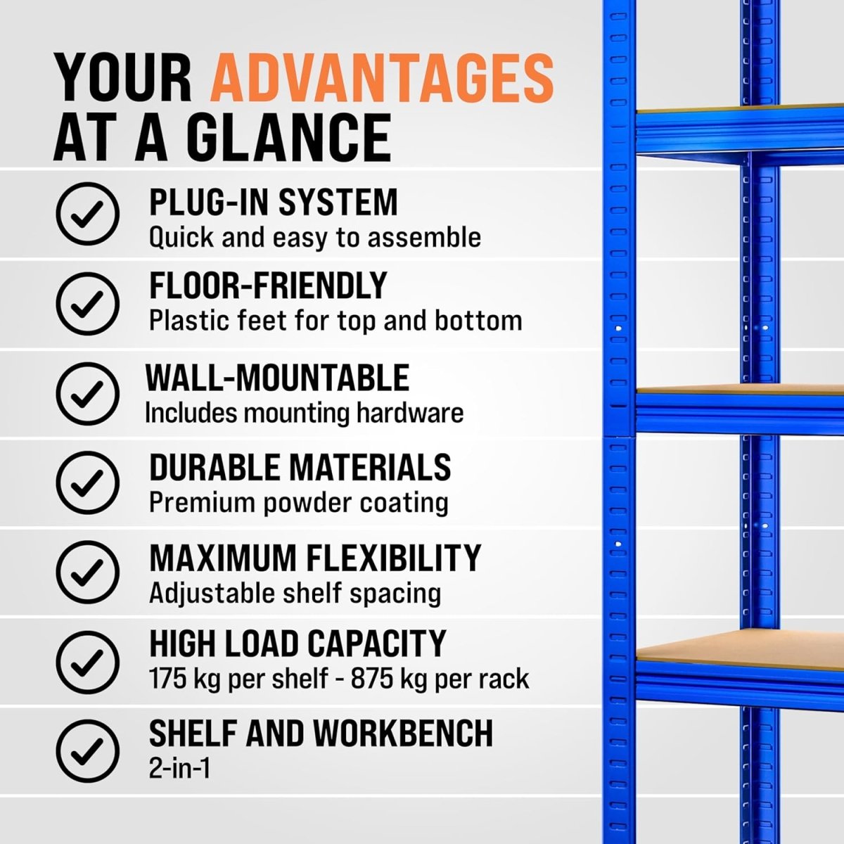 5 Tier Garage Shelving Unit 180x90x40cm Heavy Duty Metal Rack Blue - Kwikley