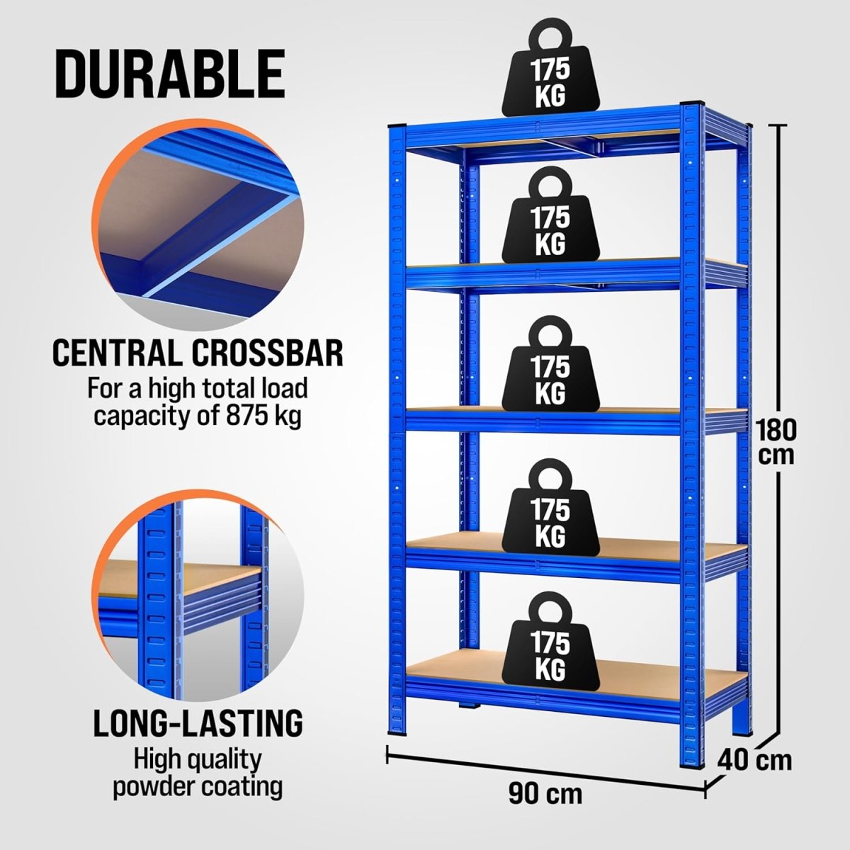 5 Tier Garage Shelving Unit 180x90x40cm Heavy Duty Metal Rack Blue - Kwikley