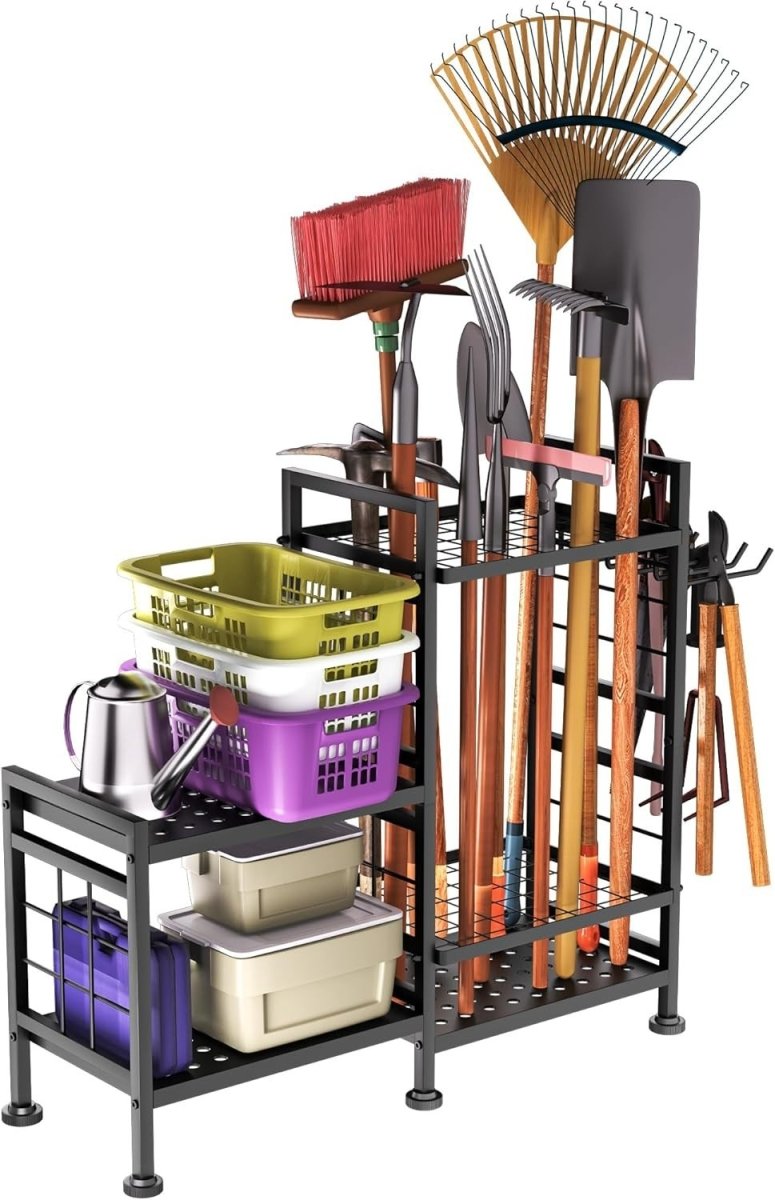 5 - Tier Garden Tool Rack Metal Shed Storage Organizer Heavy Duty Black - Kwikley