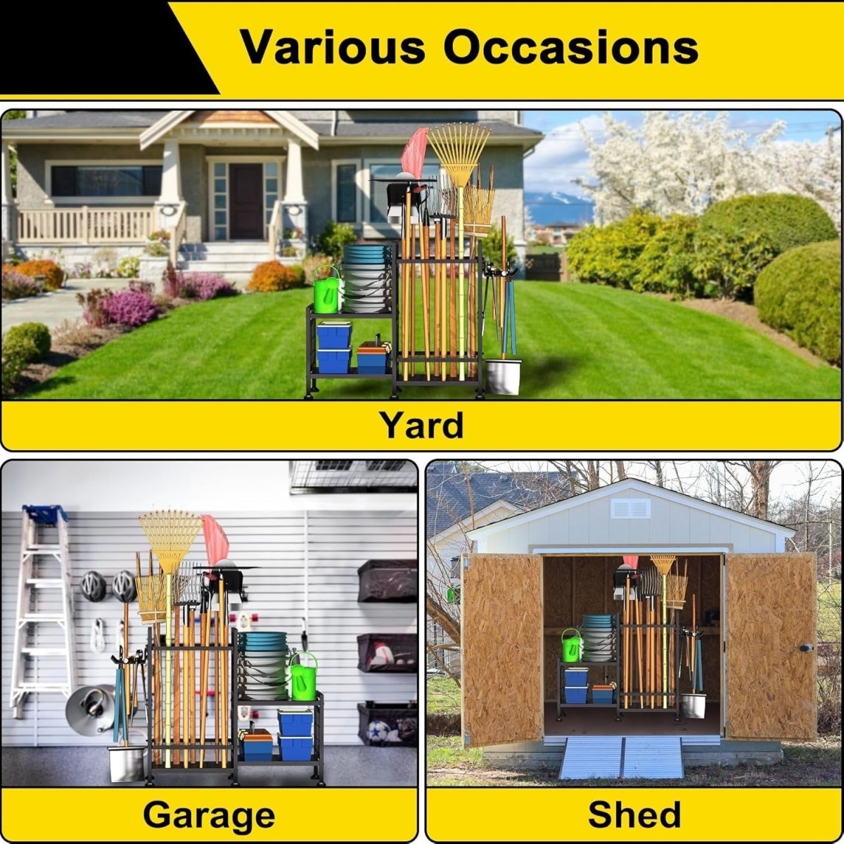 5 - Tier Garden Tool Rack Metal Shed Storage Organizer Heavy Duty Black - Kwikley