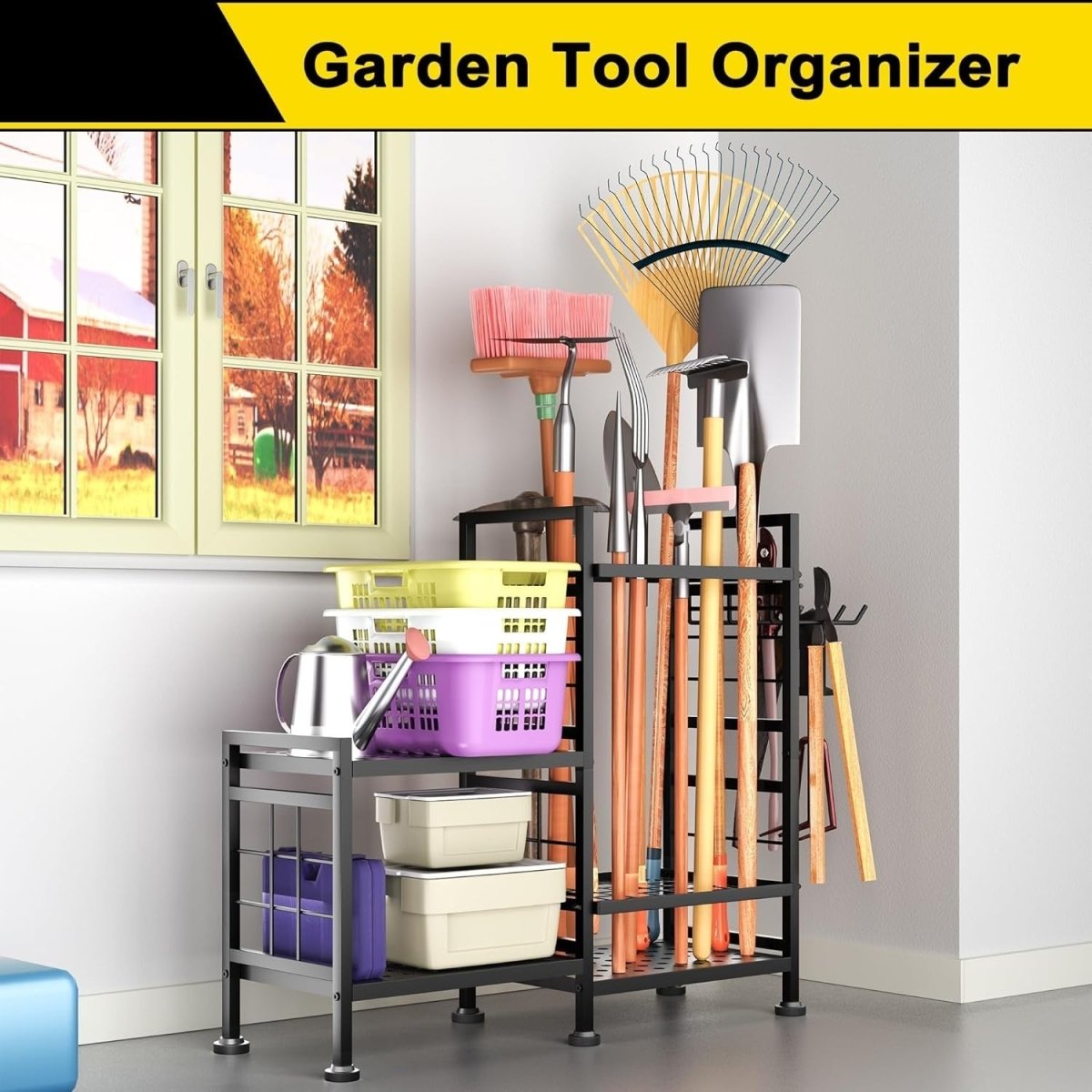 5 - Tier Garden Tool Rack Metal Shed Storage Organizer Heavy Duty Black - Kwikley