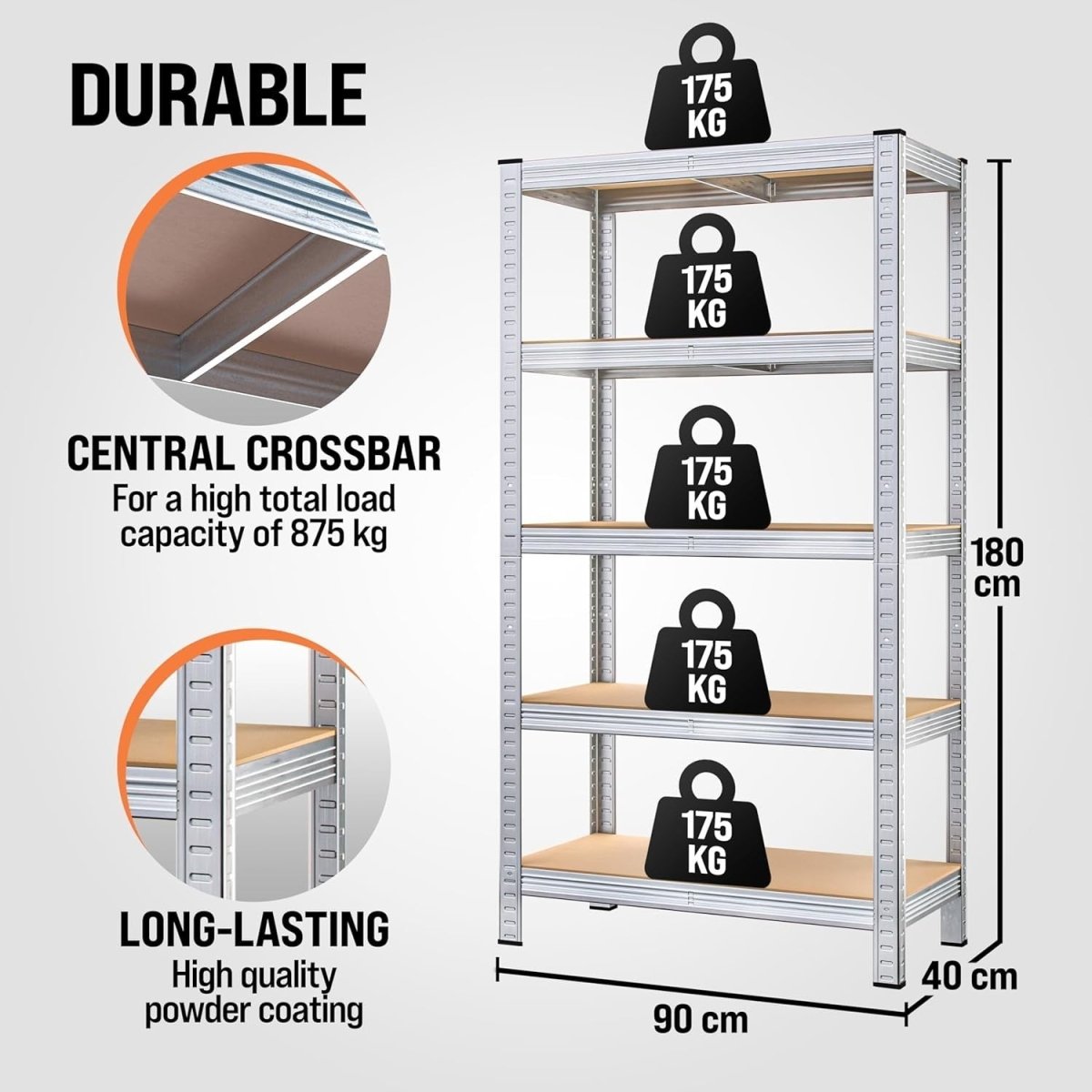 5 - Tier Heavy Duty Garage Shelf 180x90x40cm Expandable Rust - Proof Metal - Kwikley