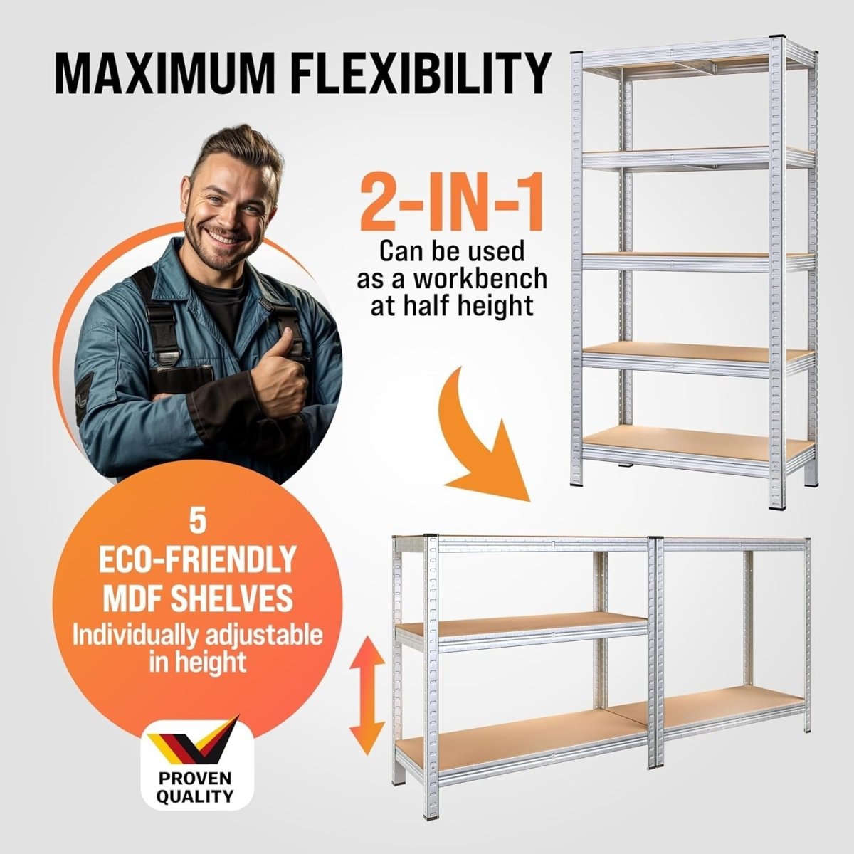5 - Tier Heavy Duty Garage Shelf 180x90x40cm Expandable Rust - Proof Metal - Kwikley
