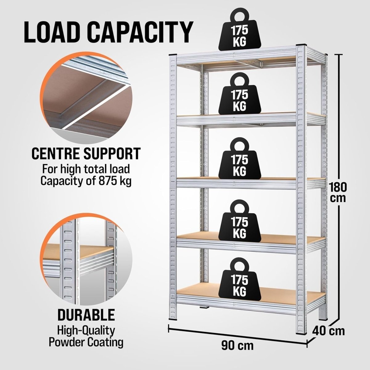 5 - Tier Heavy Duty Garage Shelf 180x90x40cm Galvanised Steel Adjustable - Kwikley