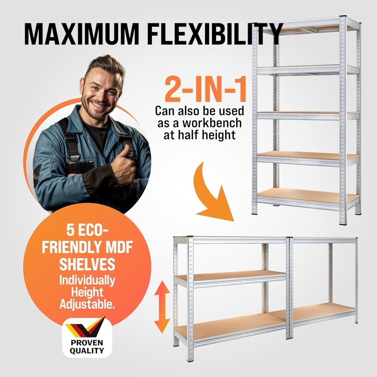 5 - Tier Heavy Duty Garage Shelf 180x90x40cm Galvanised Steel Adjustable - Kwikley