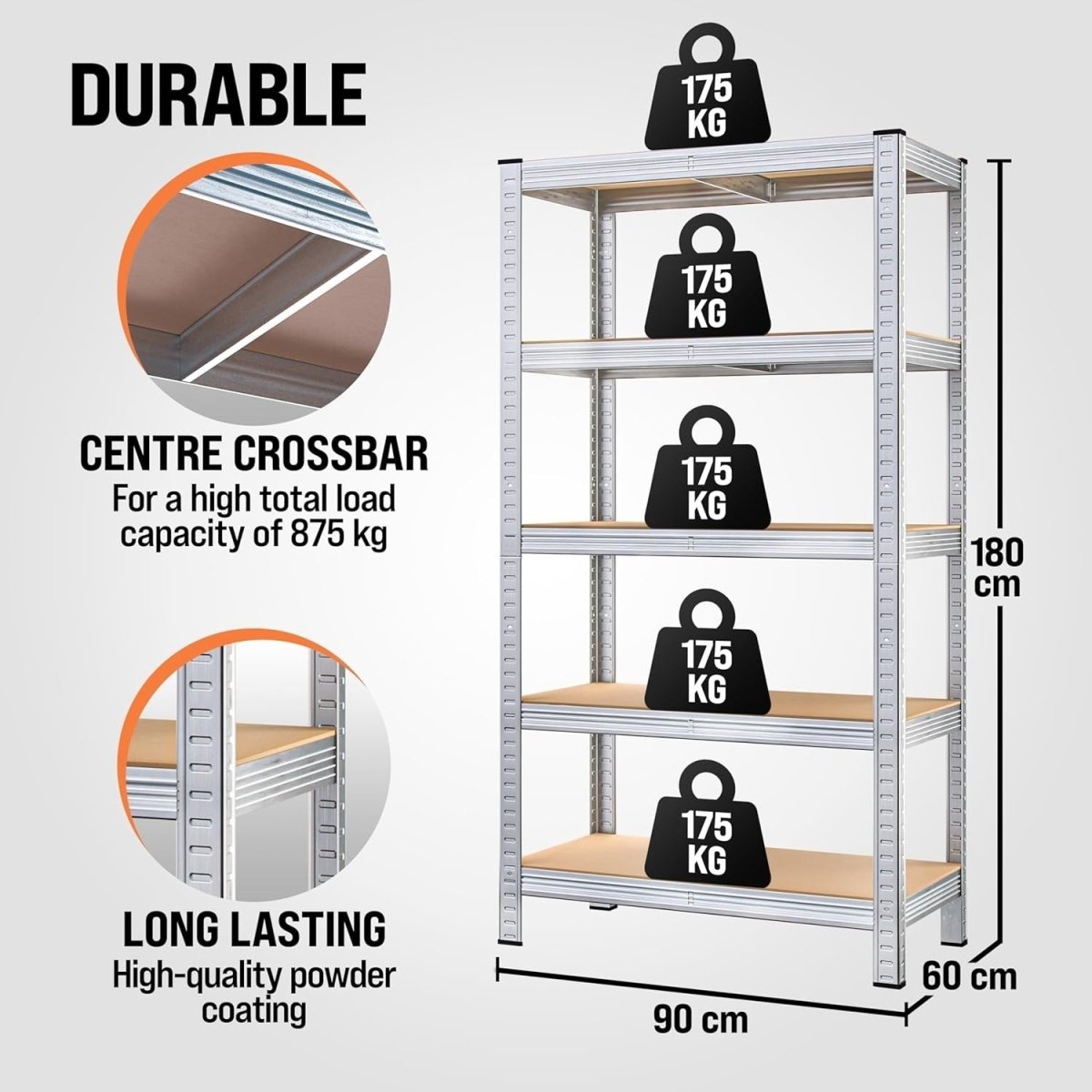 5 - Tier Heavy Duty Garage Shelf 180x90x40cm Galvanised Steel Industrial - Kwikley