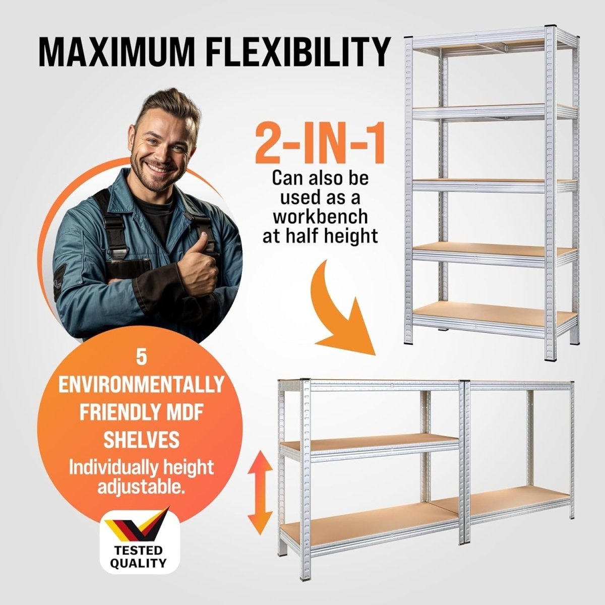 5 - Tier Heavy Duty Garage Shelf 180x90x40cm Galvanised Steel Industrial - Kwikley