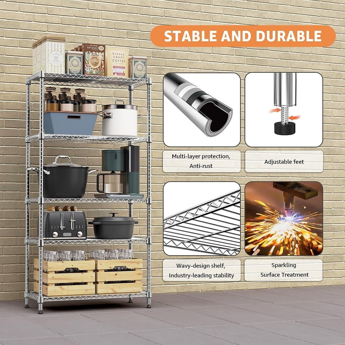 5 - Tier Metal Storage Shelf Chrome 40D x 115W x 178.7H cm Heavy Duty - Kwikley