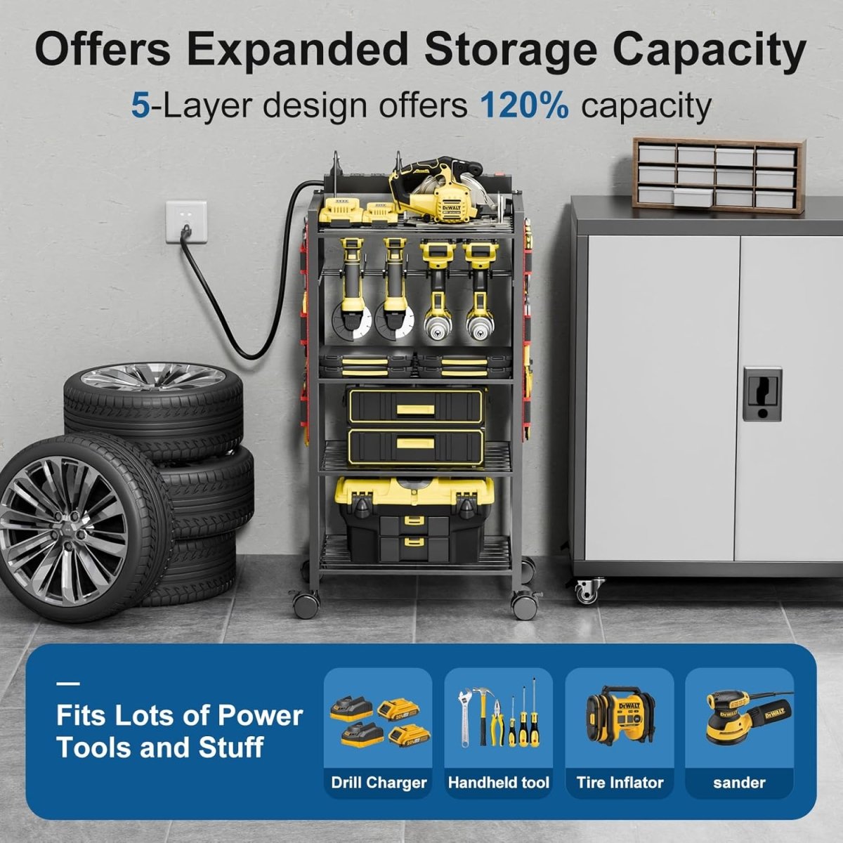 5 Tier Power Tool Organizer Cart Charging Station Rolling Rack - Kwikley
